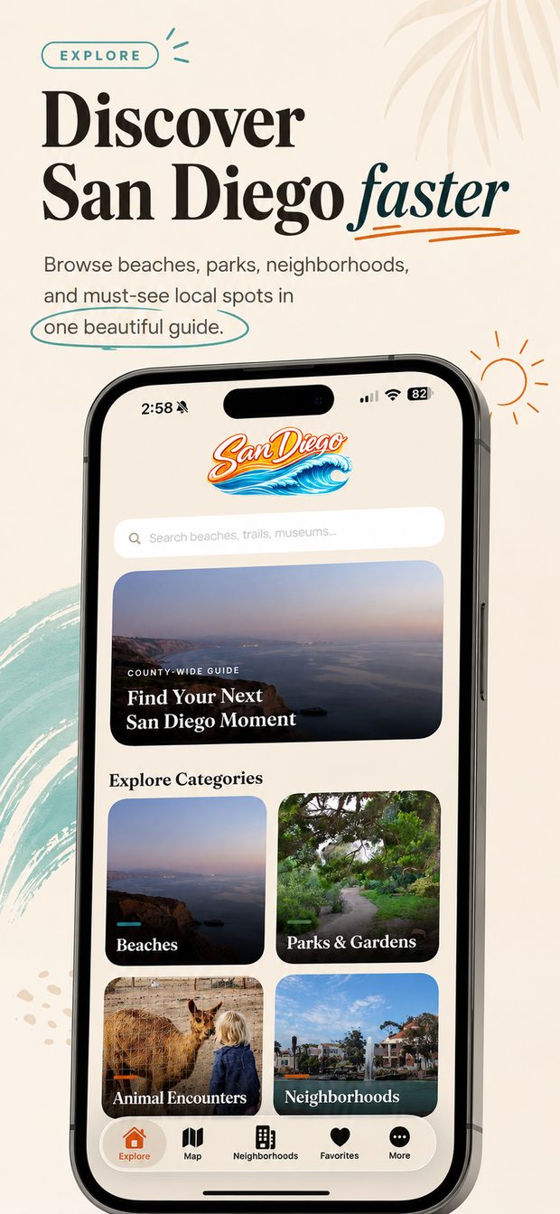 Explore screen with categories like Beaches, Parks & Gardens, Animal Encounters